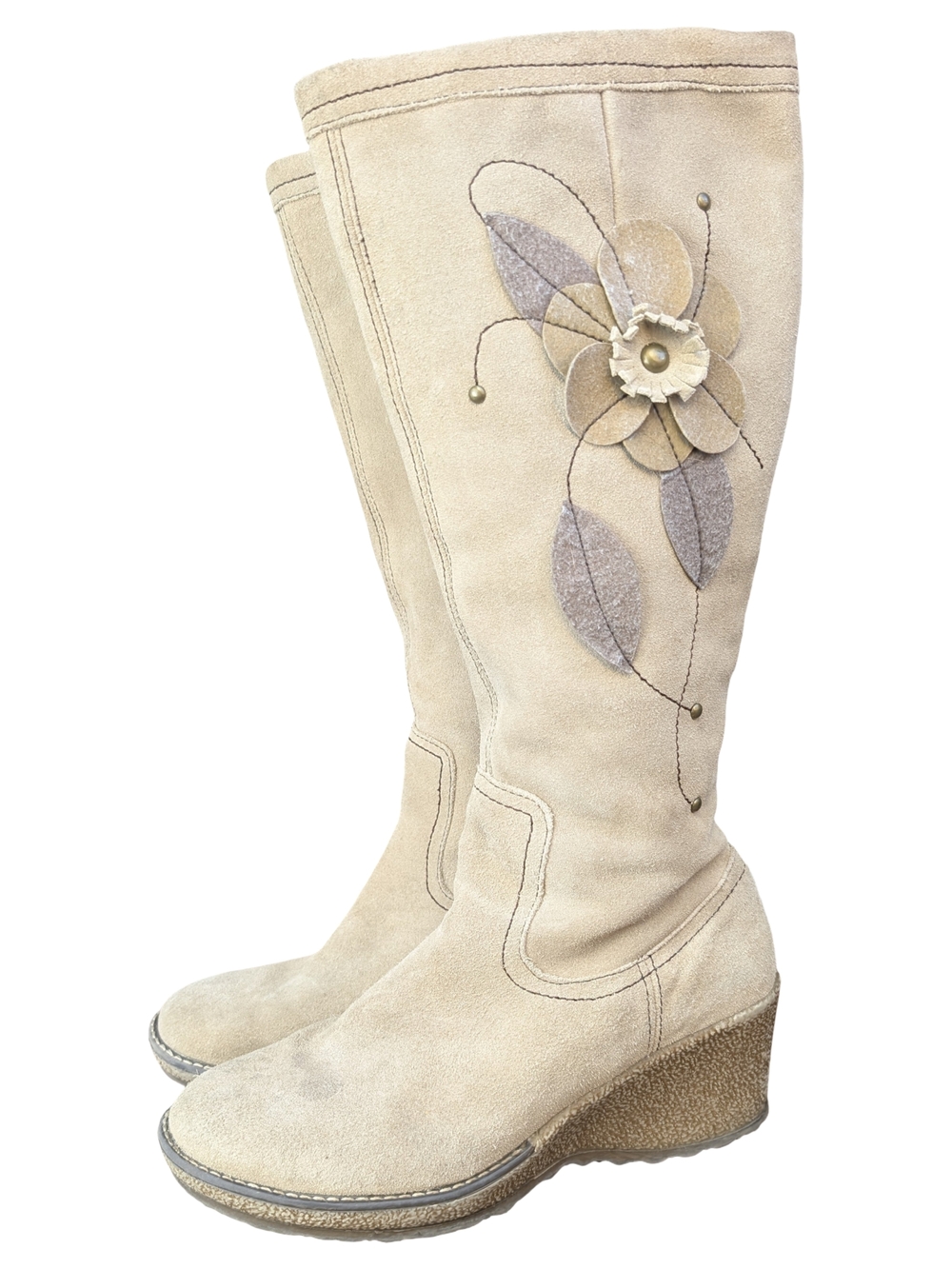 Floral Appliqué Suede Tall Wedge Boots | Bohemian Whimsical Fairycore | Size 7.5
